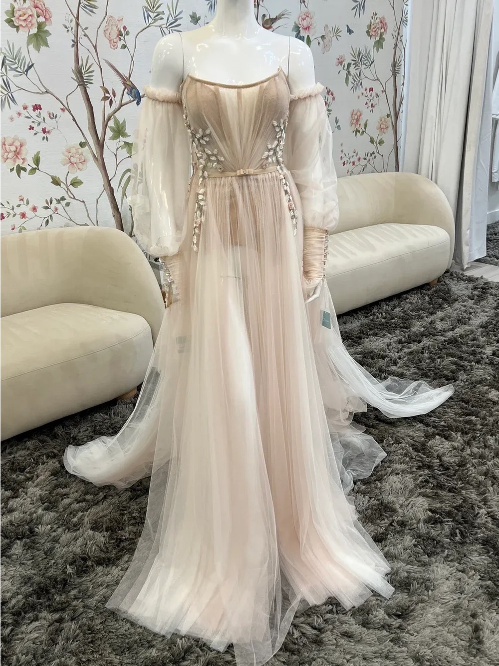 Sheer Off-Shoulder Tulle Gown in Champagne - Picture 5 of 10